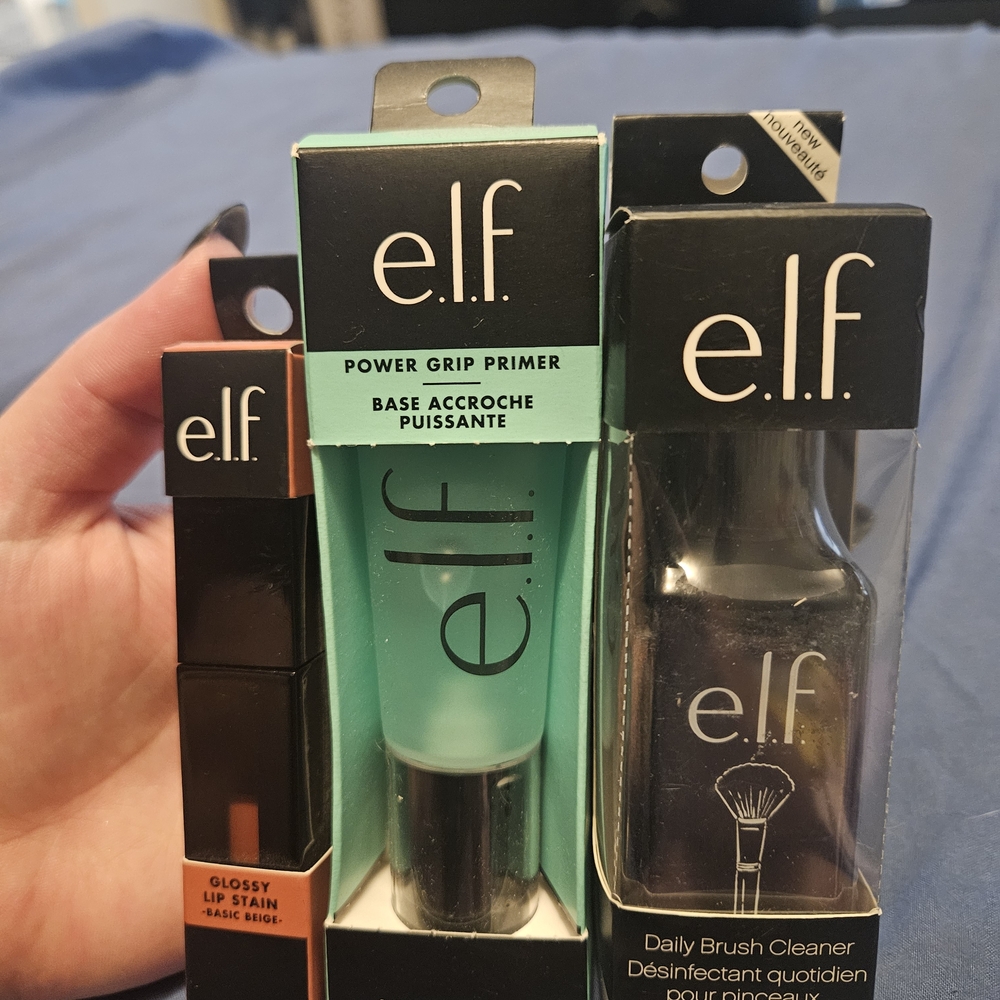 ELF Power Grip Primer, Glossy Lip Stain, and Daily Brush Cleaner Set